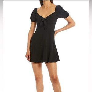 Gianni Bini Black Mini Dress Puff Sleeves Tie Detail Size 6 Cocktail Ruching